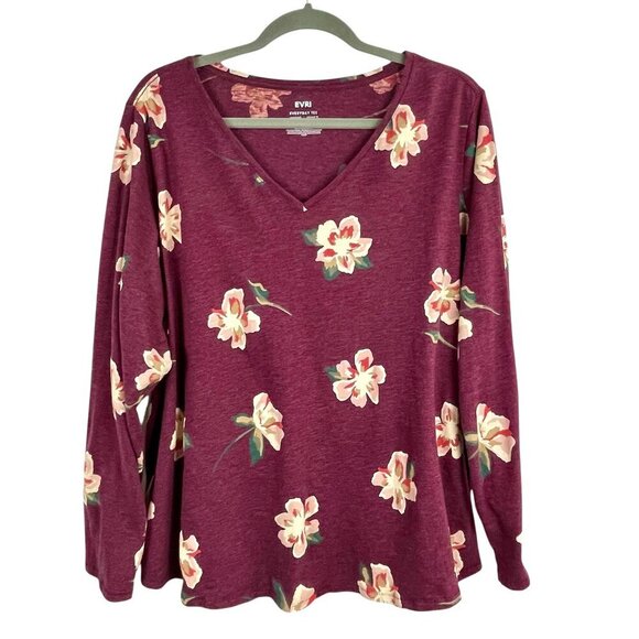 EVRI Everyday Tee Plum Floral V-Neck Long Sleeve Relaxed Fit Cotton Blend 2X - Picture 2 of 13